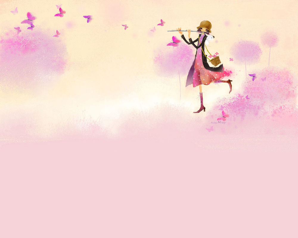 Обои для рабочего стола Девушка в платье идет вперед играя на флейте (from Mizzi)