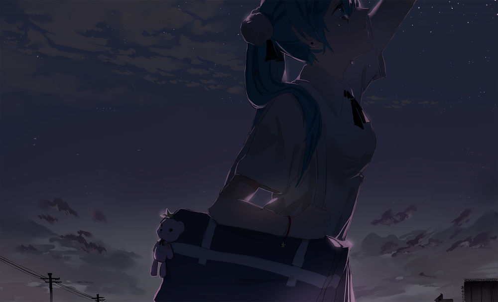 Обои для рабочего стола Плачущая Vocaloid Hatsune Miku / Вокалоид Хатсуне Микус сумкой на плече на фоне ночного неба