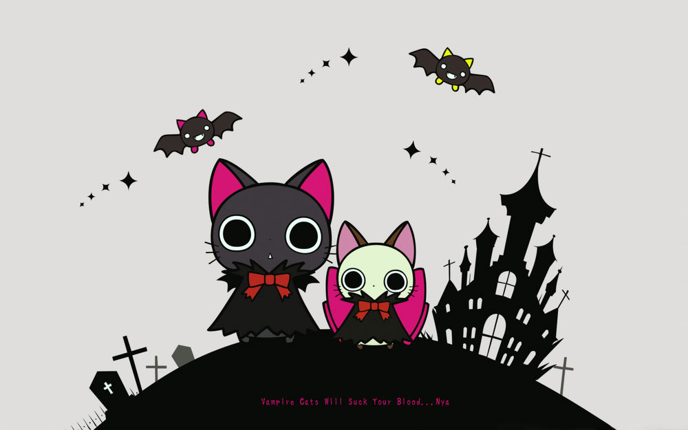 Обои для рабочего стола Nyanpire / Нянпир, Chachamaru / Тятямару, Mori-kun / Мори-кун и Komori-kun / Комори-кун из аниме Nyanpire / Нянпир (Vampire Cats Will Suck Your Blood. Nya)