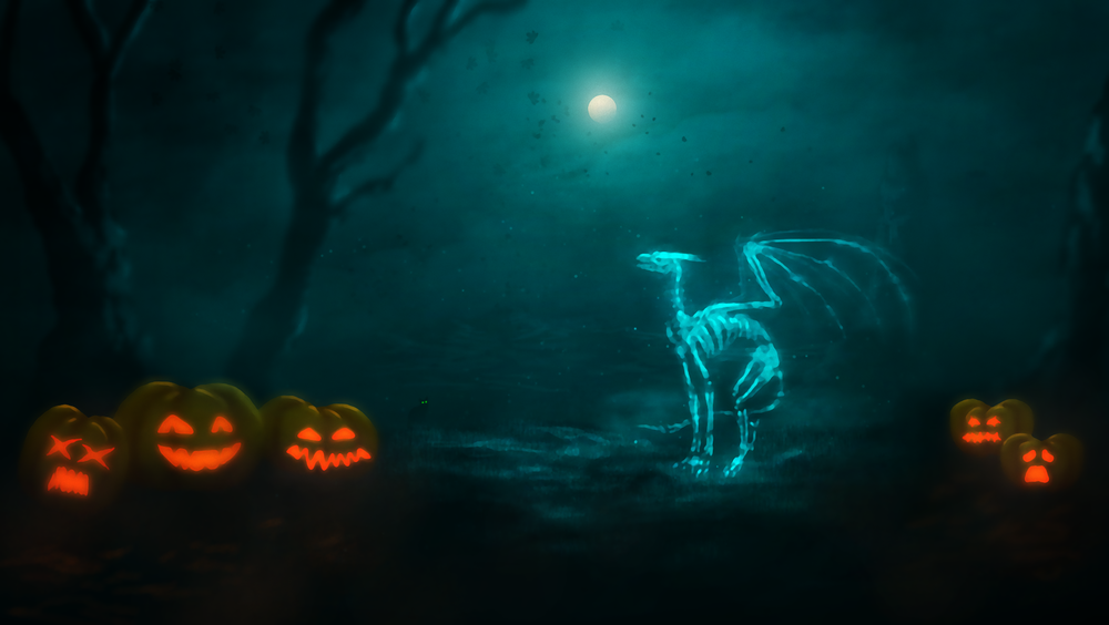 Обои для рабочего стола Костлявый дракон, освещенный лунным светом, в окружении светильников Джека / Jack Light, и голых деревьев в Halloween / Хэллоуин
