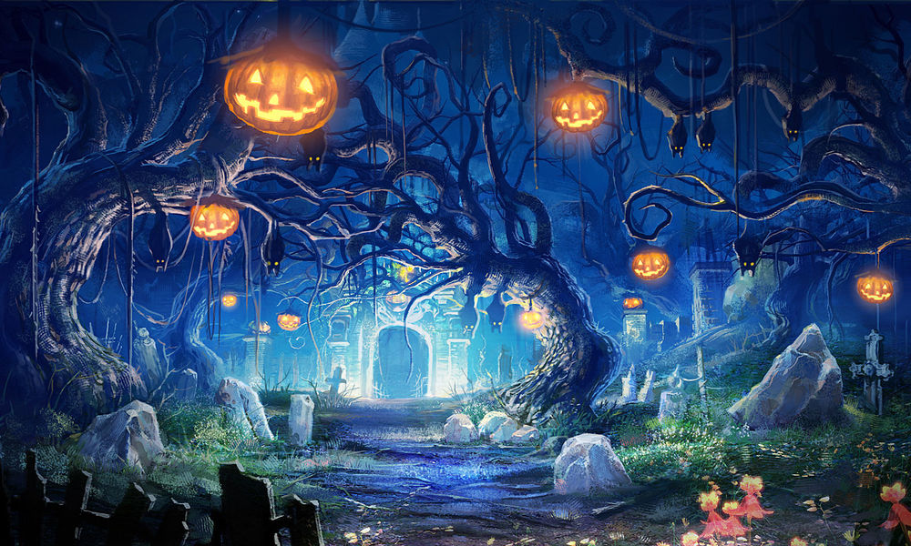 Обои для рабочего стола На деревьях посреди кладбища висят светильники Джека / Jack Light в Halloween / Хэллоуин