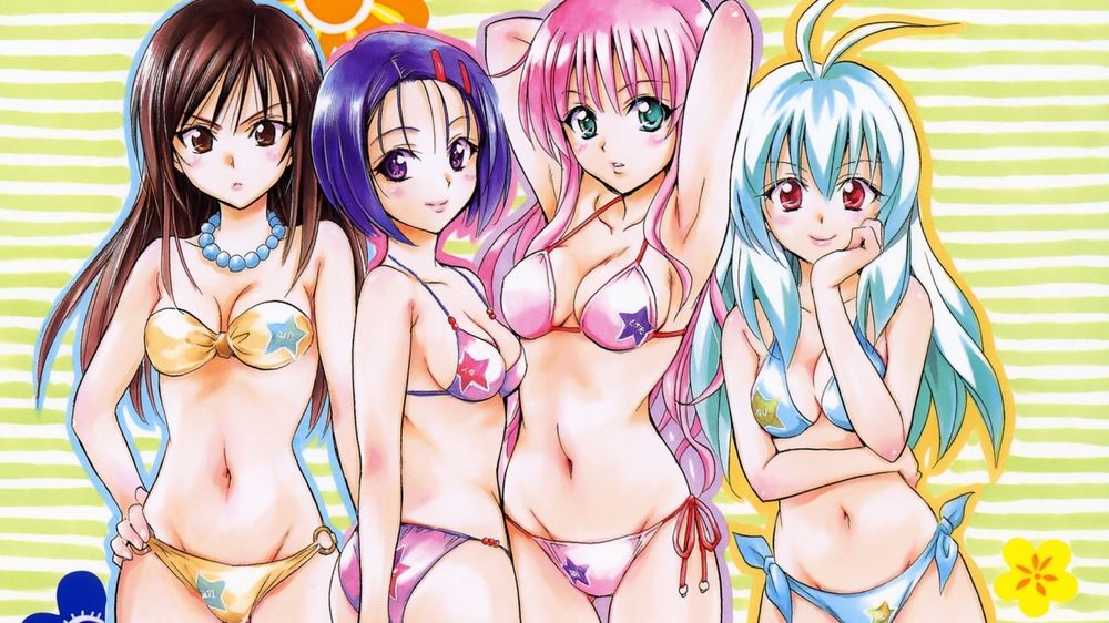 Обои для рабочего стола Yui Kotegawa / Юи Котегава, Haruna Sairenji / Харуна Сайрэндзи, Lala Satalin Deviluke / Лала Саталин Девилюк и Run Elsie Jewelria / Рун Элси Джевелрия из аниме To LOVE-Ru / Любовные неприятности в купальниках