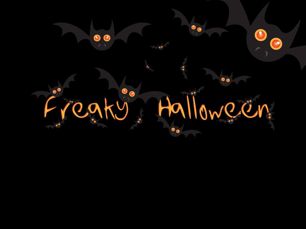 Обои для рабочего стола Летучие мыши и надпись Freaky Halloween / Необычного Хэллоуина на черном фоне