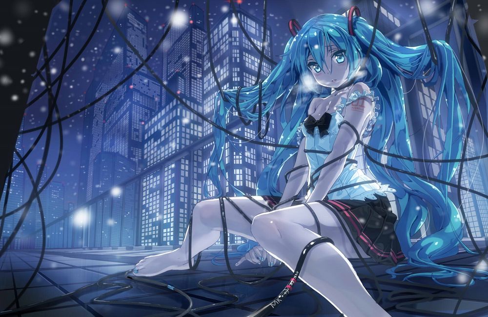 Обои для рабочего стола Vocaloid Hatsune Miku / Вокалоид Хатсуне Мику сидит на тротуарной плитке на фоне ночного города окутанная электрическими проводами, идет снег, художник Yonggi