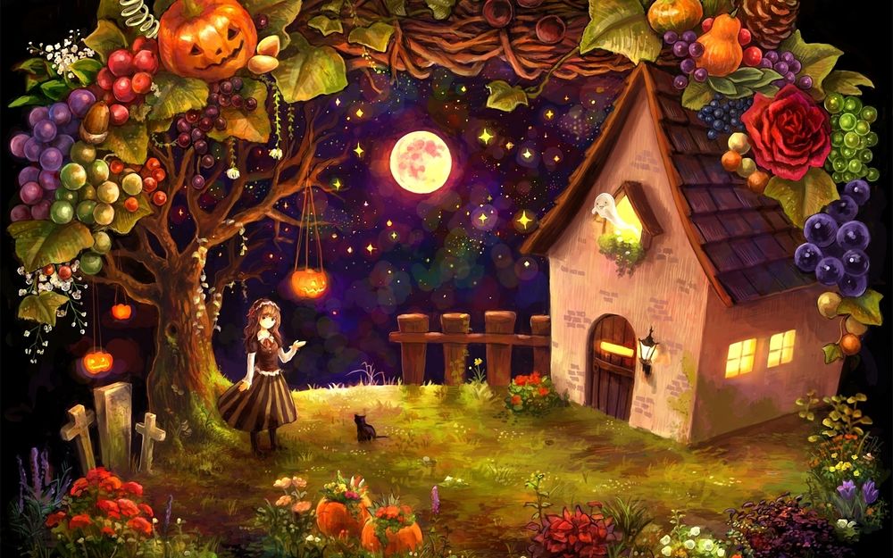 Обои для рабочего стола Девочка с черным котенком стоит у дерева, на котором висит светильник Джека / Jack Light и растут разные ягоды и фрукты, перед ним небольшой домик, из которого вылетает призрак, на небе звезды и полная луна