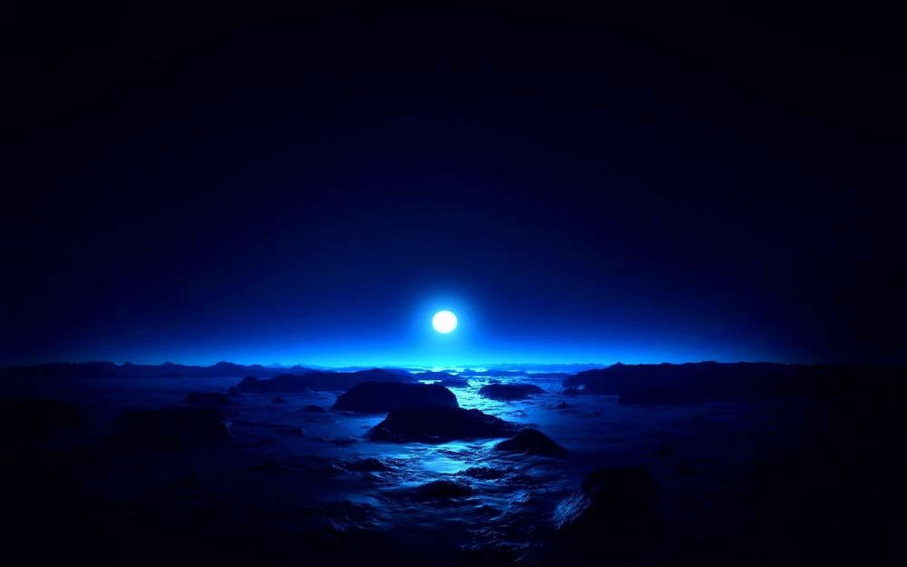 Обои для рабочего стола Море, камни и полная луна на темно - синем ночном небе