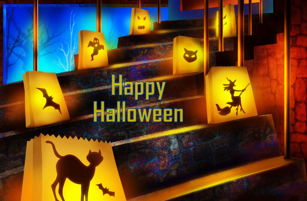 Обои для рабочего стола Лестница в доме украшена светящимися пакетами с изображениями на Хеллоуин / Halloween (Счастливого Хеллоуна / Happy Halloween)
