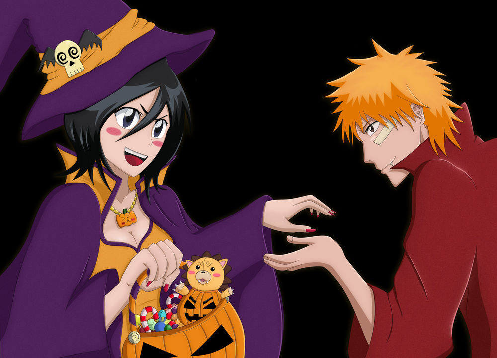 Обои для рабочего стола Куросаки Ичиго / Kurosaki Ichigo в костюме вампира и Кучики Рукия / Rukia Kuchiki в костюме ведьмы из аниме Блич / Bleach в Хэллоуин / Halloween