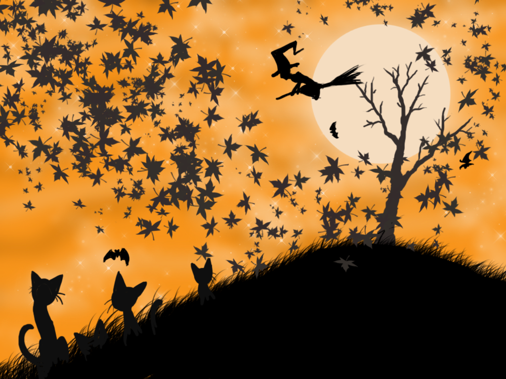 Обои для рабочего стола Хэллоуинское настроение, ведьма на метле на фоне полной луны, котята смотрят на летучих мышей и падающие листья