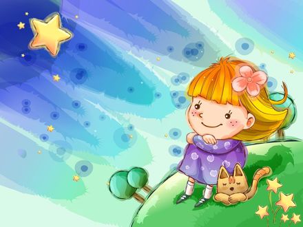 Обои на рабочий стол Девочка, стоящая на косогоре смотрит на звезду, рядом с ней сидит рыжий котенок