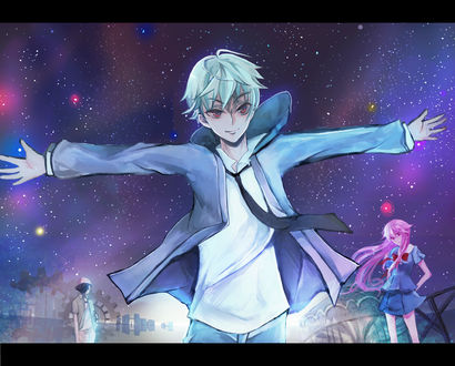 Обои на рабочий стол Aru Akise / Ару Акисе, Yukiteru Amano / Юкитеру Амано и Yuno Gasai / Юно Гасай из аниме Mirai Nikki / Дневник будущего