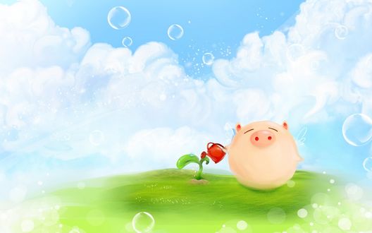 Обои на рабочий стол Розовая хрюшка поливает цветок