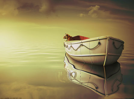 Обои на рабочий стол Тигр Ричард Паркер / Richard Parker сидит в лодке посреди моря, арт на фильм Жизнь Пи / Life of Pi, художник abdelrahman
