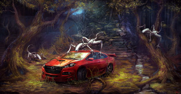 Обои на рабочий стол Брошенный в густом лесу красный Додж / Dodge, окружили четырехлапые роботы