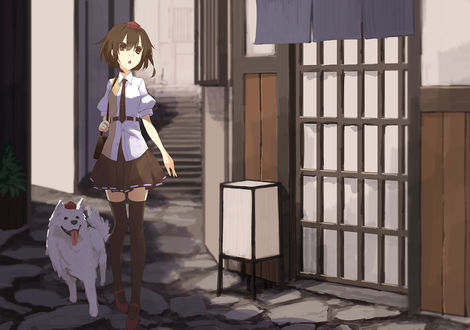 Обои на рабочий стол Aya Shameimaru / Ая Шамеймару и Inubashiri Momiji / Момидзи Инубашири в собачьем обличии из игры Проект Восток / Touhou Project