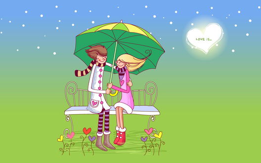 Обои на рабочий стол Парень и девушка сидят на лавочке под зонтиком (love is. / любовь это.)
