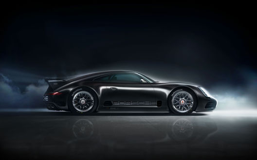 Обои на рабочий стол Черный шикарный Porsche / Порше в клубах дыма