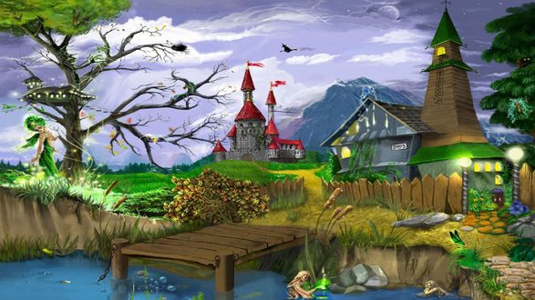 Обои на рабочий стол Жители сказочной страны. Над замком пролетает ведьма на метле, в пруду возле домика живут русалки