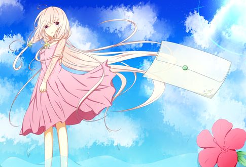 Обои на рабочий стол Vocaloid IA / Вокалоид Ия в нежно-розовом платье стоит в воде и смотрит на летящий конверт, на фоне облачного неба