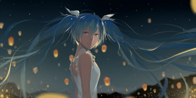 Обои на рабочий стол Vocaloid Hatsune Miku / Вокалоид Хатсунэ Мику на фоне ночного неба и фонариков