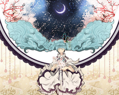 Обои на рабочий стол Vocaloid Miku Hatsune / Вокалоид Мику Хатсуне с цветами в руках