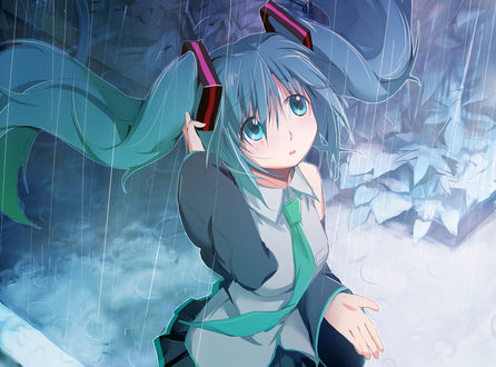 Обои на рабочий стол Vocaloid Hatsune Miku / Вокалоид Хатсуне Мику под дождем, художник Misagi Nagu