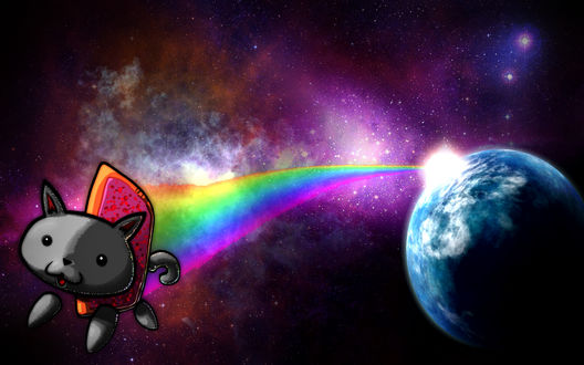 Обои на рабочий стол Nyan Cat ((Нянкот- визуально-музыкальный мем Ютуба, на фоне космической туманности