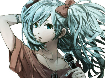 Обои на рабочий стол Vocaloid Hatsune Miku / Вокалоид Хатсуне Мику с микрофоном в руке