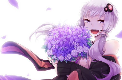 Обои на рабочий стол Вокалоид Юзуки Юкари / Vocaloid Yuzuki Yukari с буктом цветов