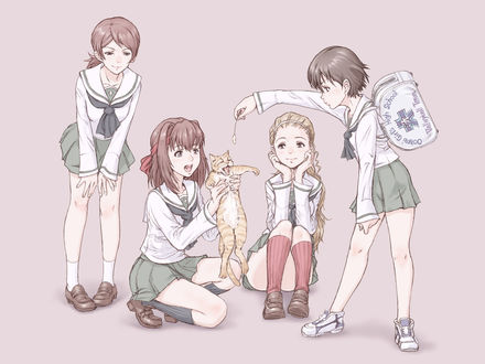 Обои на рабочий стол Akebi Sasaki / Акеби Сасаки, Noriko Isobe / Норико Исобе, Shinobu Kawanishi / Шинобу Каваниши и Taeko Kondou из аниме Girls und Panzer / Девушки и Танки играют с кошкой