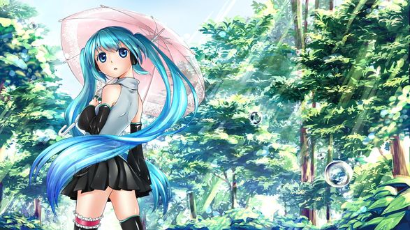 Обои на рабочий стол Vocaloid Hatsune Miku / Вокалоид Хатсуне Мику под зонтиком