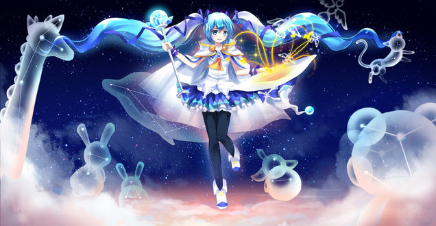 Обои на рабочий стол Vocaloid Hatsune Miku / Вокалоид Хатсуне Мику с жезлом в руке на фоне ночного неба среди животных, состоящих из пузырей
