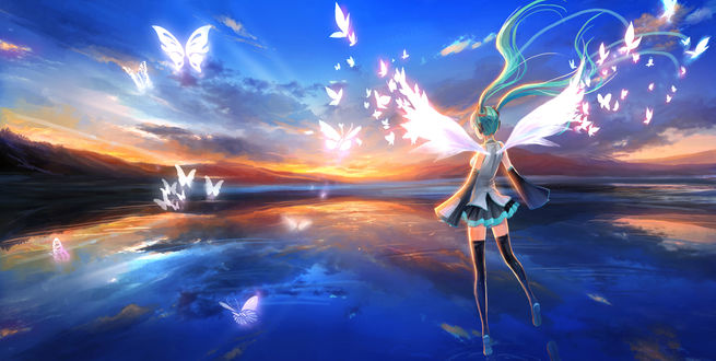 Обои на рабочий стол Vocaloid Hatsune Miku / Вокалоид Хатсуне Мику с крыльями за спиной опускается на воду на фоне заката