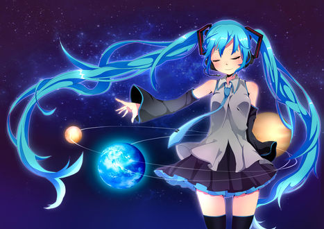 Обои на рабочий стол Vocaloid Hatsune Miku / Вокалоид Хатсуне Мику на фоне звездного неба в окружение планет