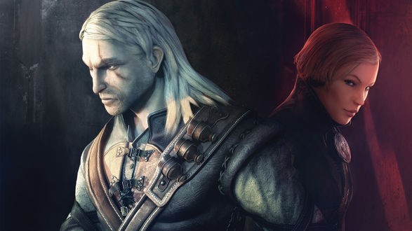 Обои на рабочий стол Главный герой цикла Ведьмак Геральт из Ривии / Geralt of Rivee с девушкой