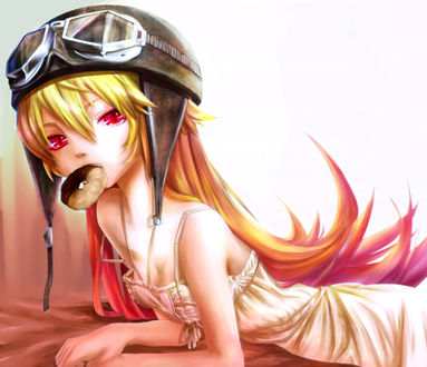 Обои на рабочий стол Oshino Shinobu / Ошино Шинобу из аниме Истории / Моногатари / Monogatari series со светящимися красными глазами, в пилотной каске с очками, полулежит на кровати с пончиком во рту