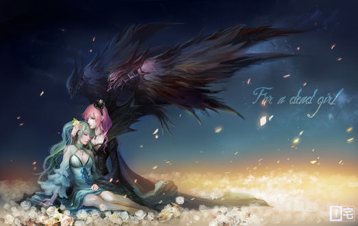 Обои на рабочий стол Vocaloid / Вокалоид Мегурине Лука / Megurine Luka с демоническими крыльями за спиной обнимает спящую Хатсуне Мику / Hatsune Miku, сидя среди золотых роз на фоне ночного неба (For a dead girl / Для мертвой девочки)