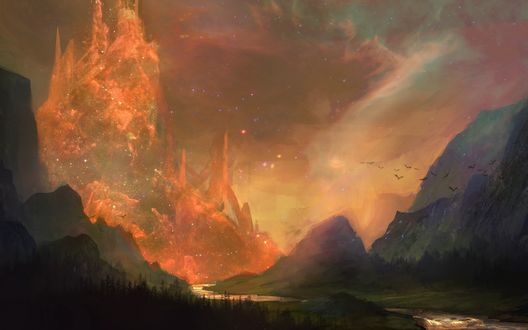 Обои на рабочий стол Дорога, идущая между скал на фоне неба