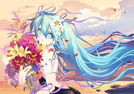 Обои на рабочий стол Vocaloid Miku Hatsune / Вокалоид Мику Хатсуне с букетом цветов в руках