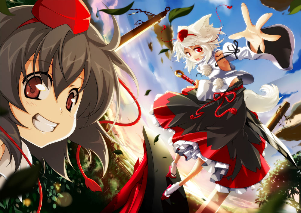 Обои для рабочего стола Aya Shameimaru / Ая Шамеймару и Inubashiri Momiji / Момидзи Инубасири из серии компьютерных игр Тохо / Touhou Project, художник Hong (white spider)