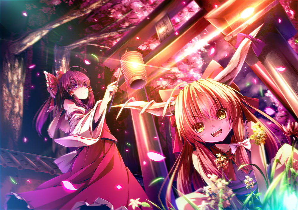 Обои для рабочего стола Hakurei Reimu / Рейму Хакурей и Ibuki Suika / Суйка Ибуки из игры Touhou Project / Проект Восток
