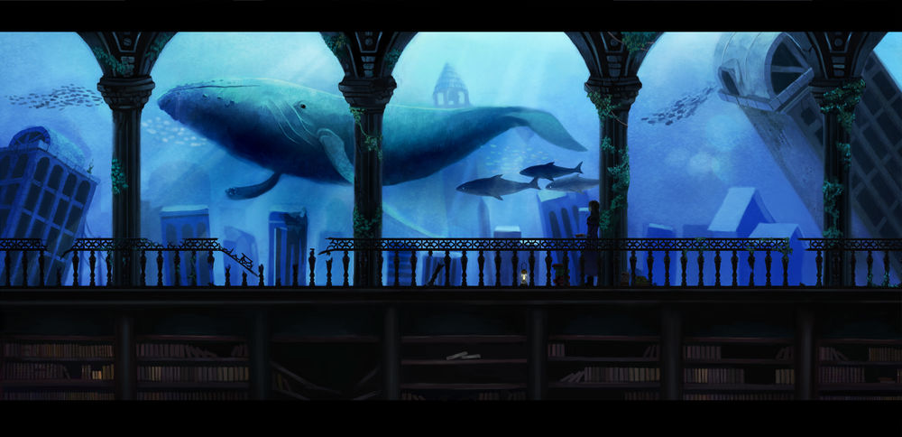 Обои для рабочего стола Девушка, с книгой в руках, стоит, облакотившись на колонну, в полуразрушенной библиотеки затонувшего города, мимо проплывают акулы и кит, художник Ssatt
