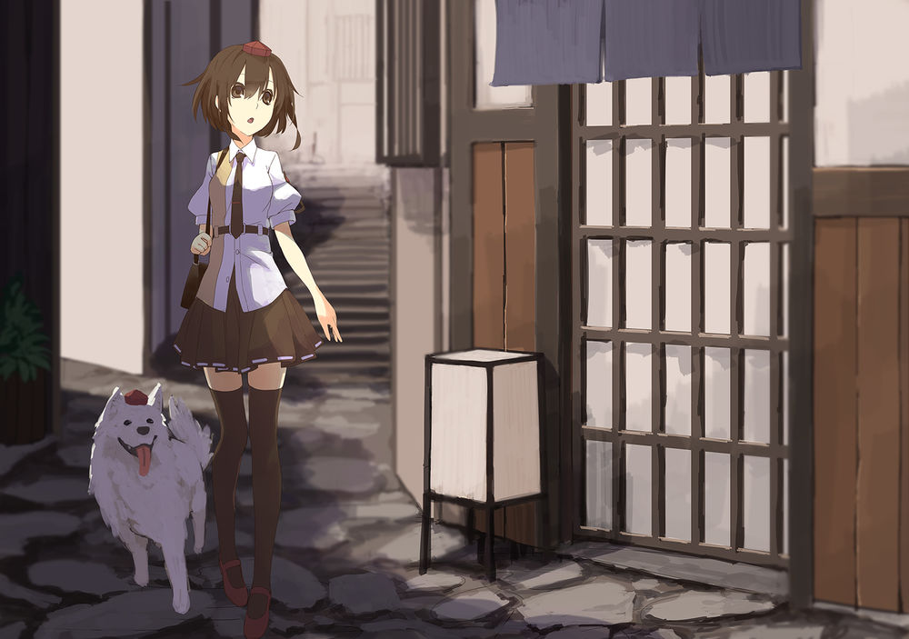 Обои для рабочего стола Aya Shameimaru / Ая Шамеймару и Inubashiri Momiji / Момидзи Инубашири в собачьем обличии из игры Проект Восток / Touhou Project
