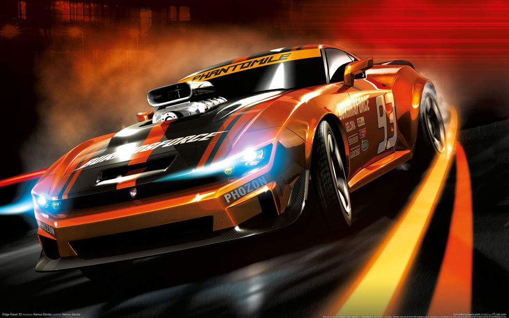 Обои для рабочего стола Оранжевый спортивный автомобиль с заносом влетает в поворот, сжигая задние покрышки, игра Ridge Racer 3D