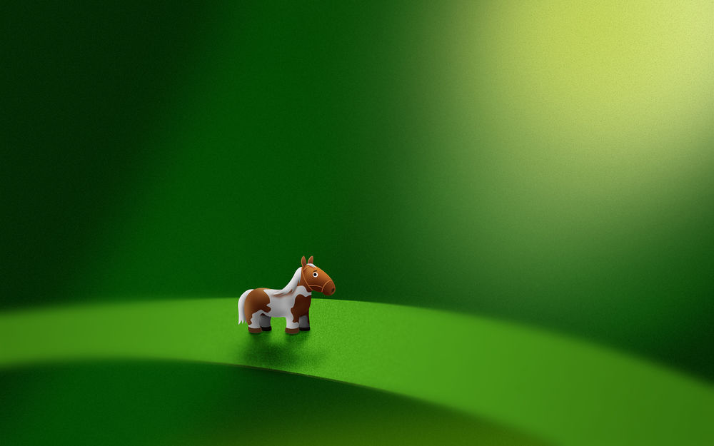 Обои для рабочего стола Маленькая пятнистая лошадка стоит на зеленом листике