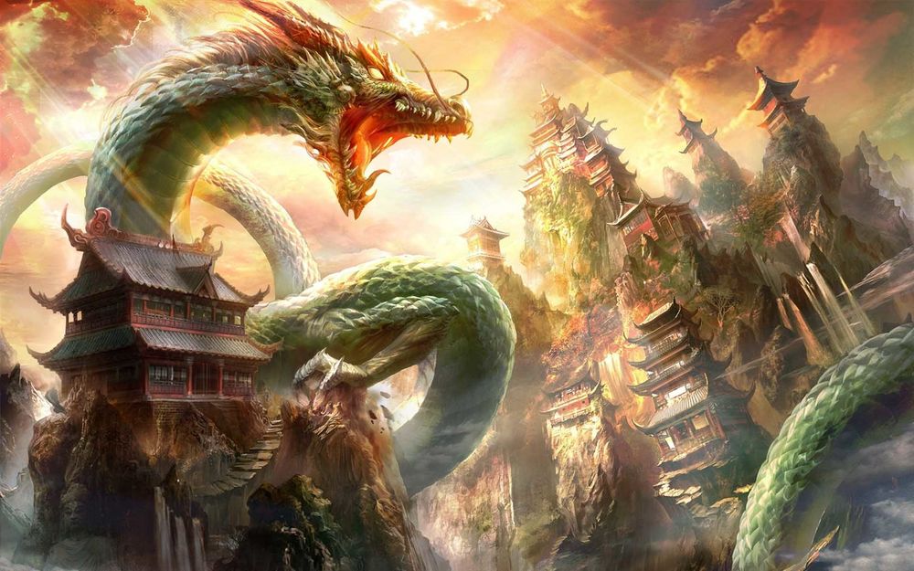 Обои для рабочего стола Злой китайский дракон хочет уничтожить город