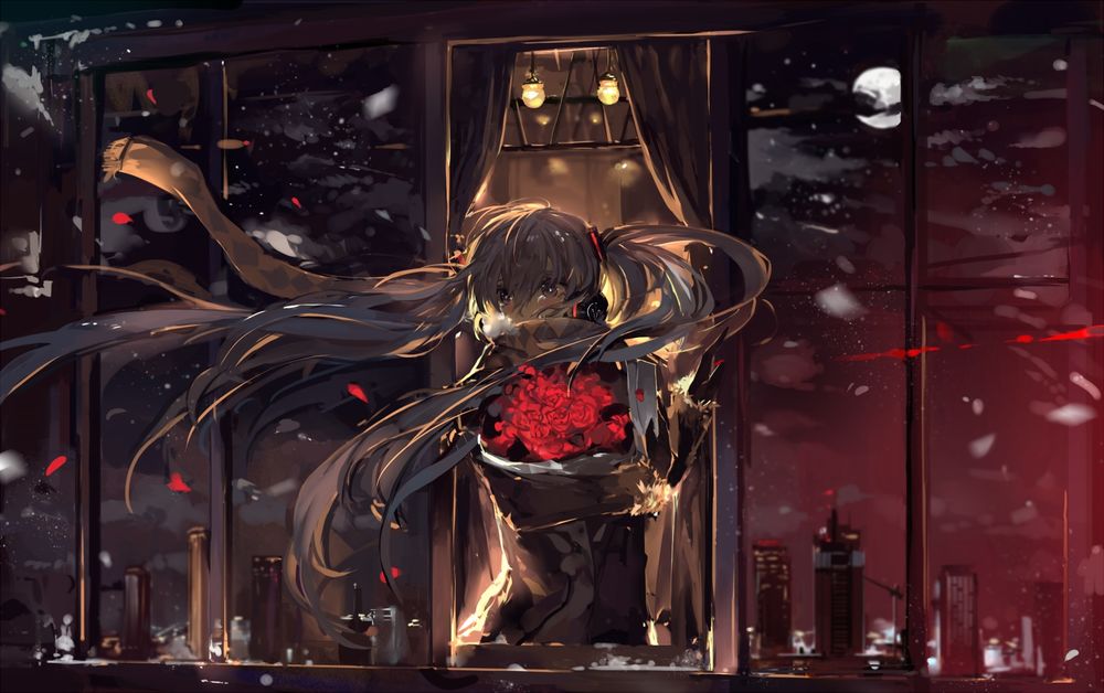 Обои для рабочего стола Vocaloid Hatsune Miku / Вокалоид Хатсуне Мику с букетом роз выглядывает в окно, художник Saberiii