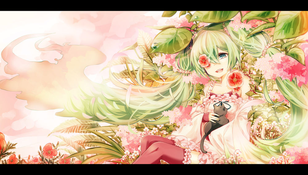 Обои для рабочего стола Vocaloid Hatsune Miku / Вокалоид Хатсуне Мику с котенком на руках, художник Kaio Watagami