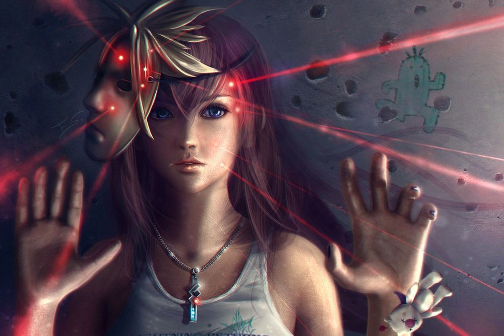 Обои для рабочего стола Девушка с маской и молнии, работа Little Fangirl Lightning - Final Fantasy / маленькая молния Fangirl - заключительная фантазия, автор Eddy-Shinjuku