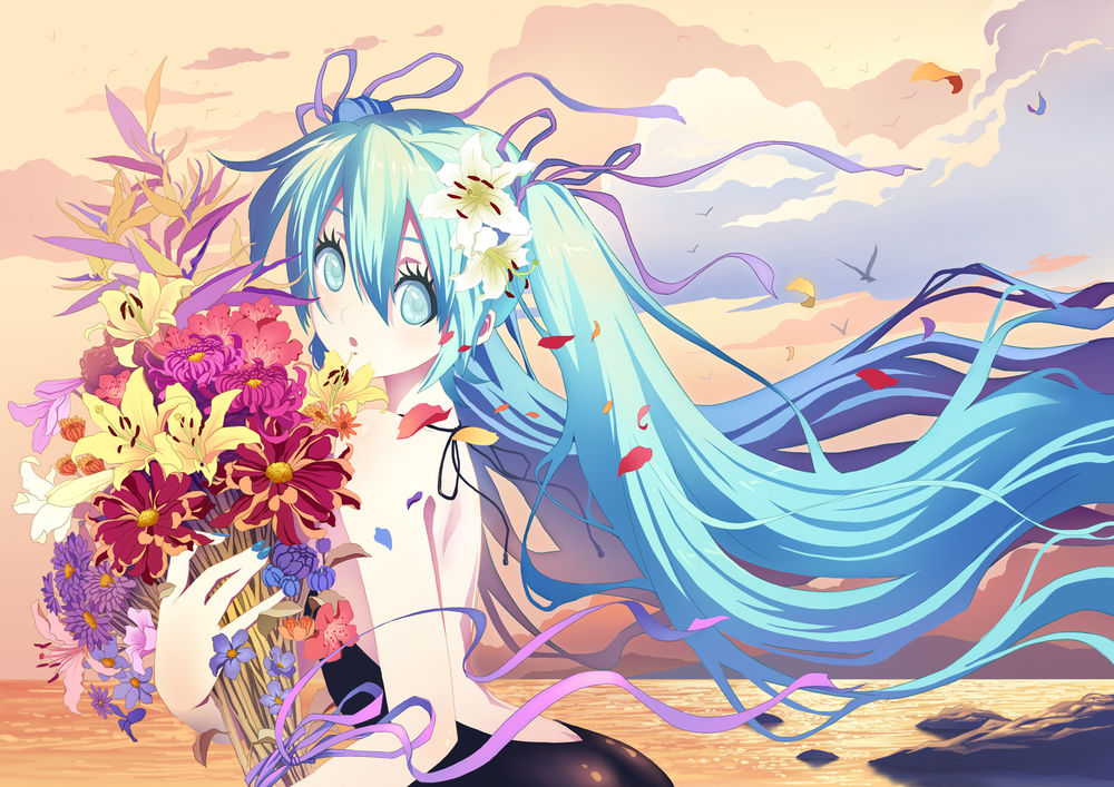 Обои для рабочего стола Vocaloid Miku Hatsune / Вокалоид Мику Хатсуне с букетом цветов в руках